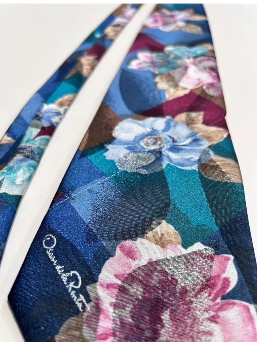 Oscar de la Renta Teal Blue Floral Silk Scarf